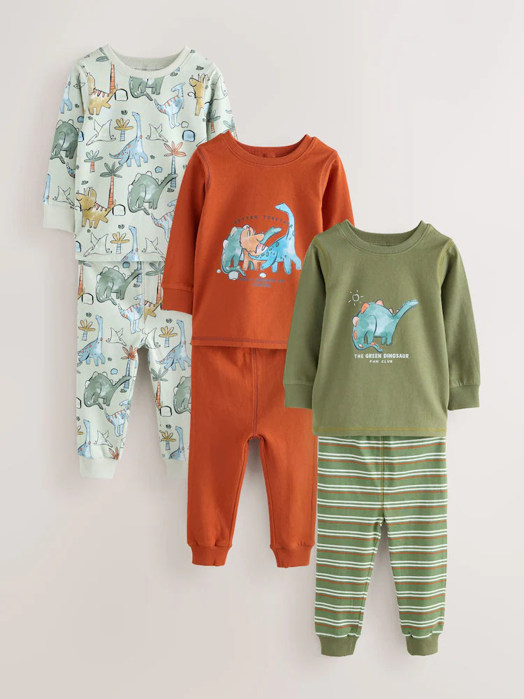 |Boy| Kit com 3 Pijamas Justos Estampa de Dinossauro (Verde/Laranja) – 9 meses a 8 anos