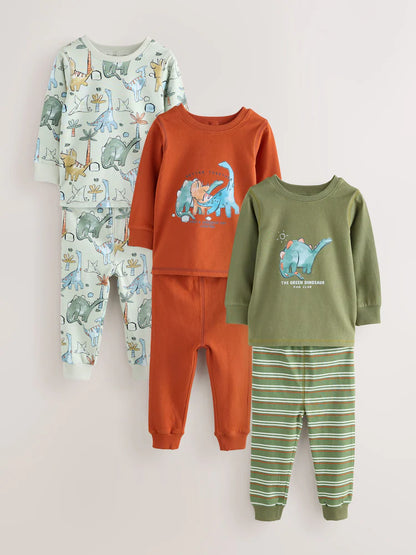 |Boy| Kit com 3 Pijamas Justos Estampa de Dinossauro (Verde/Laranja) – 9 meses a 8 anos