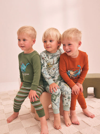 |Boy| Kit com 3 Pijamas Justos Estampa de Dinossauro (Verde/Laranja) – 9 meses a 8 anos