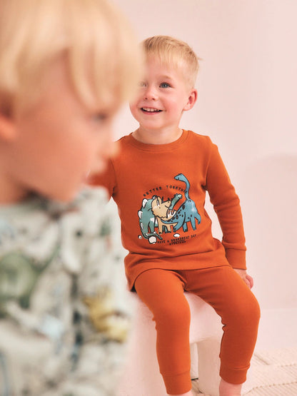|Boy| Kit com 3 Pijamas Justos Estampa de Dinossauro (Verde/Laranja) – 9 meses a 8 anos