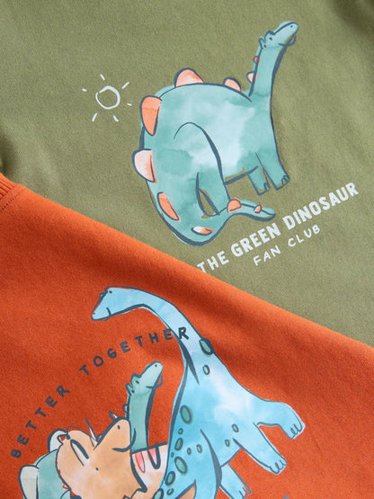 |Boy| Kit com 3 Pijamas Justos Estampa de Dinossauro (Verde/Laranja) – 9 meses a 8 anos