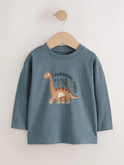 |Boy| Camiseta Cinza de Manga Longa com Estampa de Dinossauro e Vibe Jurássica (3 meses a 7 anos)