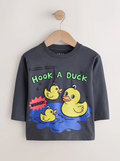 |Boy| Camiseta de Manga Longa Cinza-Chumbo com Estampa "Hook a Duck" (3 meses a 7 anos)