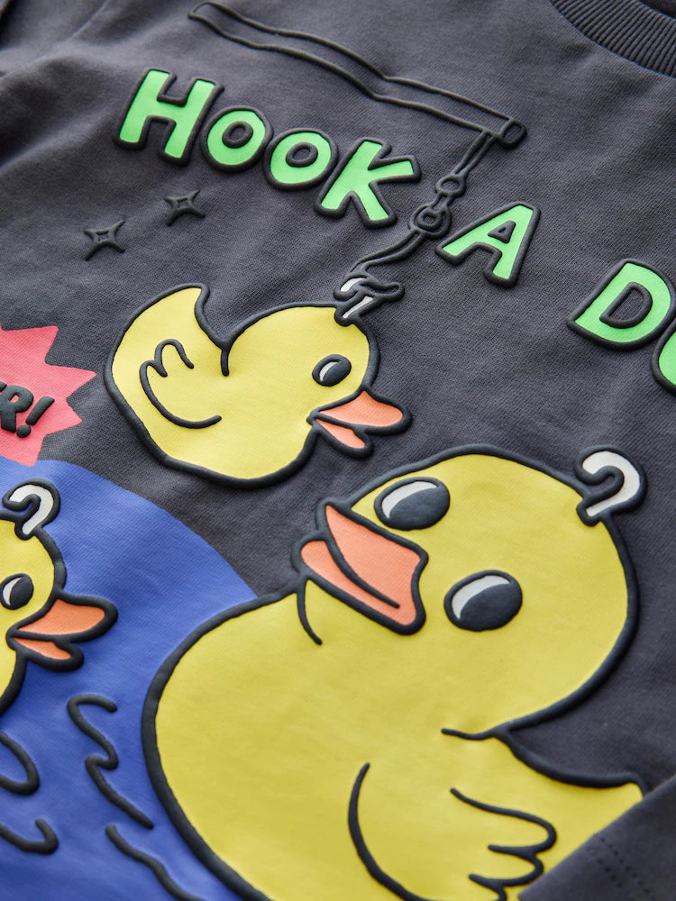 |Boy| Camiseta de Manga Longa Cinza-Chumbo com Estampa "Hook a Duck" (3 meses a 7 anos)