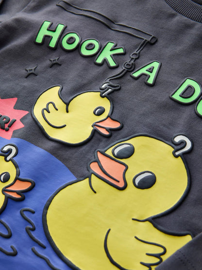 |Boy| Camiseta de Manga Longa Cinza-Chumbo com Estampa "Hook a Duck" (3 meses a 7 anos)