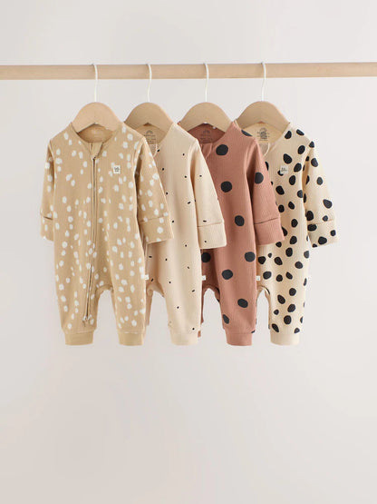 |BabyGirl| Kit com 4 Macacões de Bebê com Estampa de Animal (Marrom) e Zíper Bidirecional (0 meses a 3 anos)