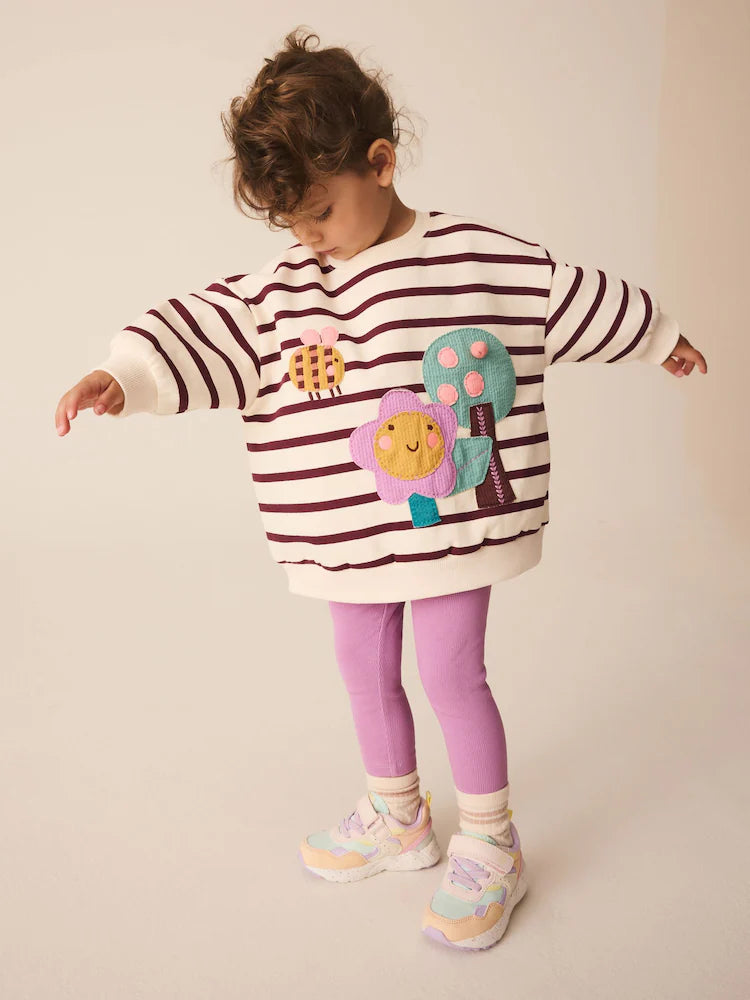|Girl| Conjunto de Moletom e Legging "Garden" com Listras Roxas (3 meses a 7 anos)