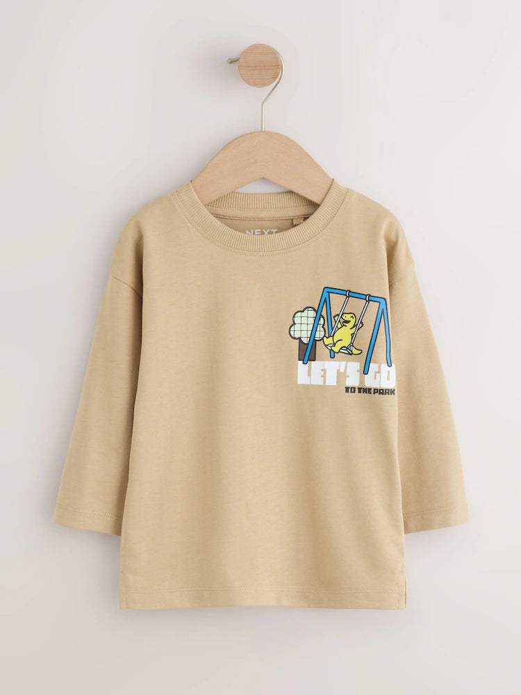 |Boy| Camiseta Marrom de Manga Longa com Estampa de Dinossauro (3 meses a 7 anos)