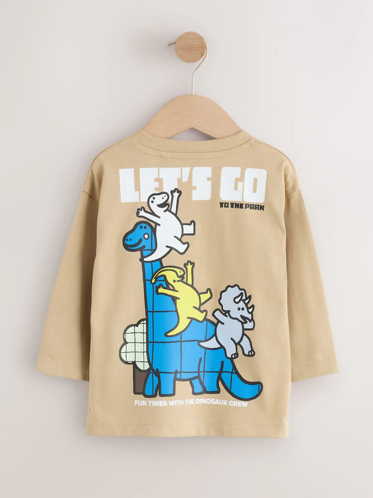 |Boy| Camiseta Marrom de Manga Longa com Estampa de Dinossauro (3 meses a 7 anos)