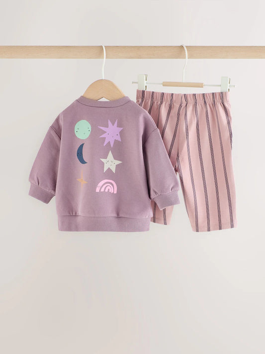 |BabyGirl| Conjunto De 2 Peças Para Bebê: Blusa De Moletom e Calça Jogger Roxas Com Estampa Cósmica (0 meses a 2 anos)