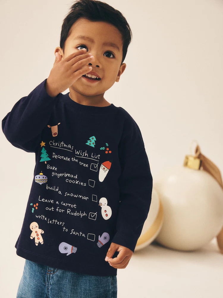|Boy| Camiseta de Manga Longa "Lista de Desejos de Natal" Azul-Marinho (3 meses a 7 anos)
