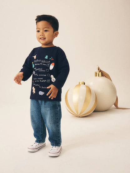 |Boy| Camiseta de Manga Longa "Lista de Desejos de Natal" Azul-Marinho (3 meses a 7 anos)