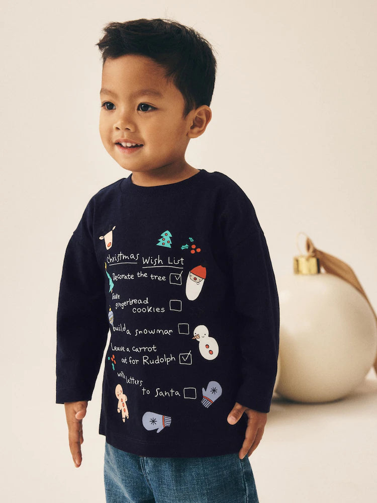 |Boy| Camiseta de Manga Longa "Lista de Desejos de Natal" Azul-Marinho (3 meses a 7 anos)