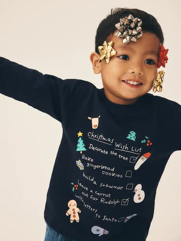 |Boy| Camiseta de Manga Longa "Lista de Desejos de Natal" Azul-Marinho (3 meses a 7 anos)