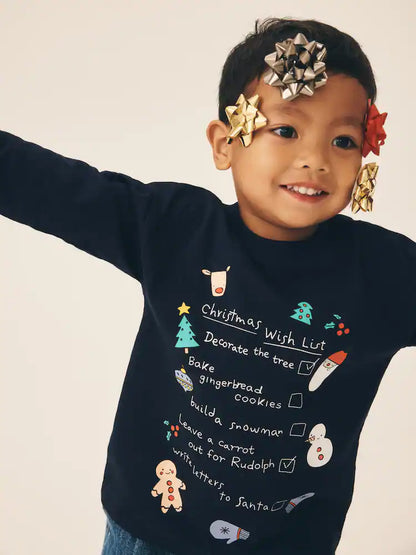 |Boy| Camiseta de Manga Longa "Lista de Desejos de Natal" Azul-Marinho (3 meses a 7 anos)