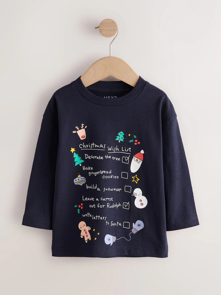 |Boy| Camiseta de Manga Longa "Lista de Desejos de Natal" Azul-Marinho (3 meses a 7 anos)