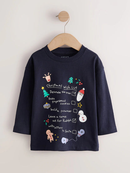 |Boy| Camiseta de Manga Longa "Lista de Desejos de Natal" Azul-Marinho (3 meses a 7 anos)