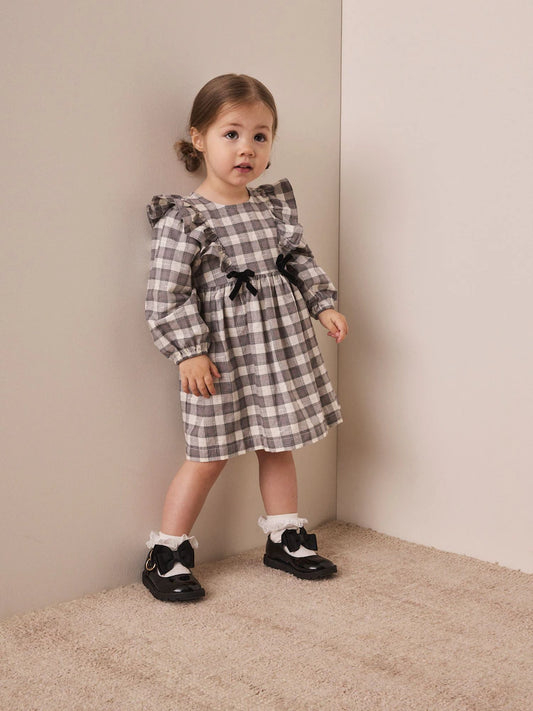 |Girl| Vestido Xadrez de Veludo Cinza com Laço e Manga Longa (3 meses a 8 anos)