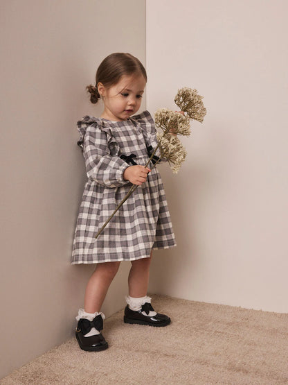 |Girl| Vestido Xadrez de Veludo Cinza com Laço e Manga Longa (3 meses a 8 anos)