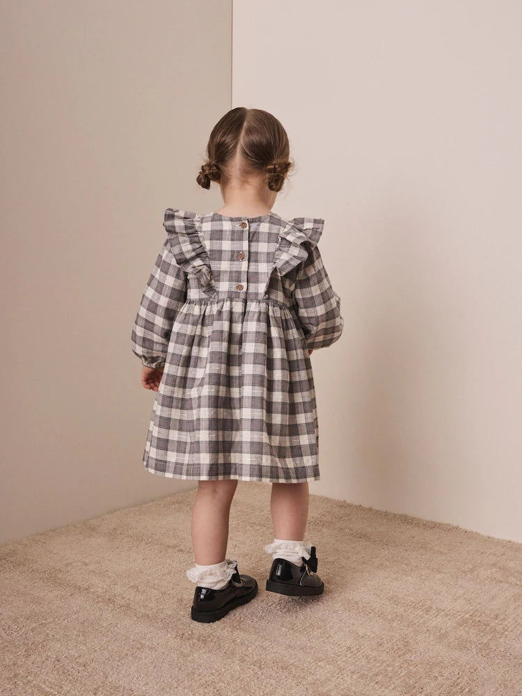 |Girl| Vestido Xadrez de Veludo Cinza com Laço e Manga Longa (3 meses a 8 anos)