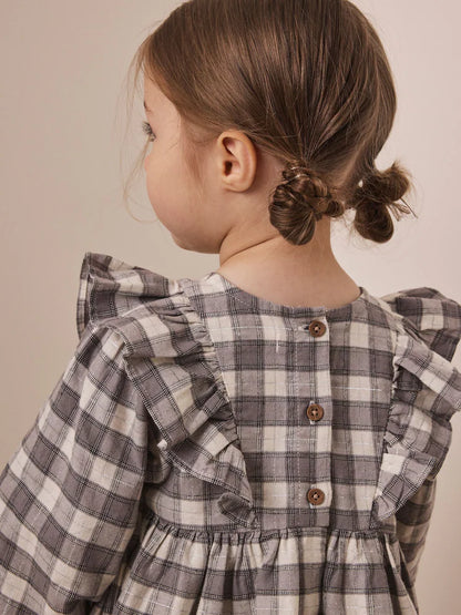 |Girl| Vestido Xadrez de Veludo Cinza com Laço e Manga Longa (3 meses a 8 anos)