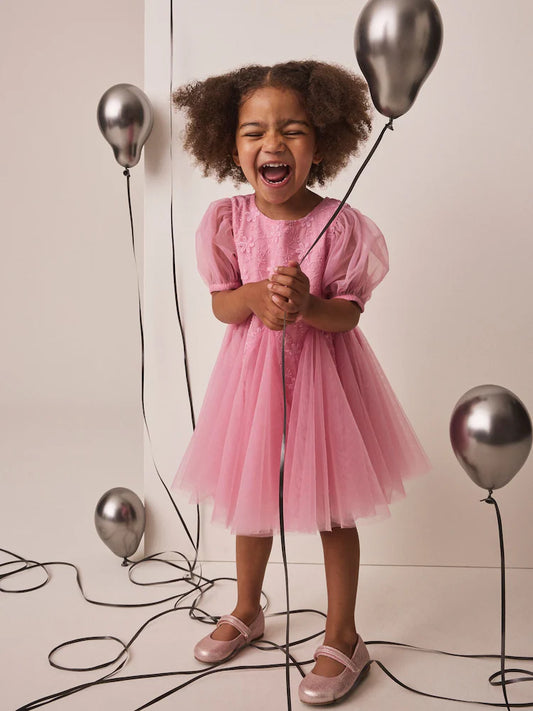 |Girl| Vestido de Festa Godê Rosa-Claro com Flores em 3D (3 meses a 8 anos)