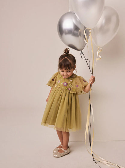 |Girl| Vestido de Festa em Tule Bordado Verde-Oliva (3 meses a 8 anos)