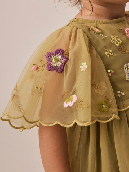 |Girl| Vestido de Festa em Tule Bordado Verde-Oliva (3 meses a 8 anos)