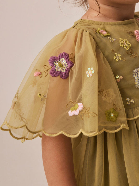 |Girl| Vestido de Festa em Tule Bordado Verde-Oliva (3 meses a 8 anos)