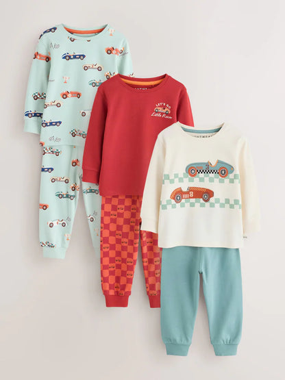 |Boy| Kit Com 3 Pijamas Confortáveis Estampa de Carro de Corrida (Vermelho/Azul) – Tamanhos de 9 meses a 10 anos