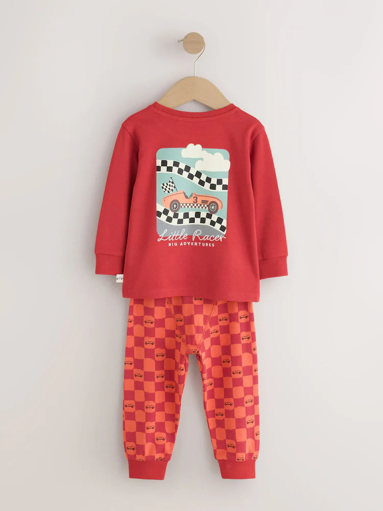 |Boy| Kit Com 3 Pijamas Confortáveis Estampa de Carro de Corrida (Vermelho/Azul) – Tamanhos de 9 meses a 10 anos