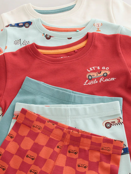 |Boy| Kit Com 3 Pijamas Confortáveis Estampa de Carro de Corrida (Vermelho/Azul) – Tamanhos de 9 meses a 10 anos