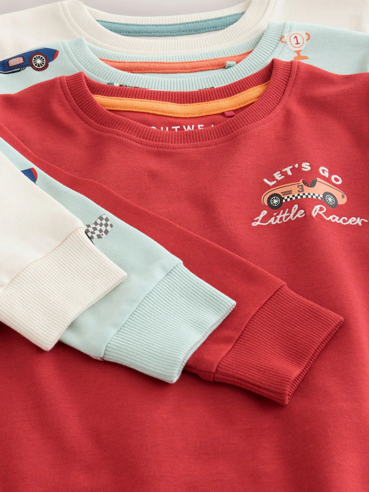 |Boy| Kit Com 3 Pijamas Confortáveis Estampa de Carro de Corrida (Vermelho/Azul) – Tamanhos de 9 meses a 10 anos