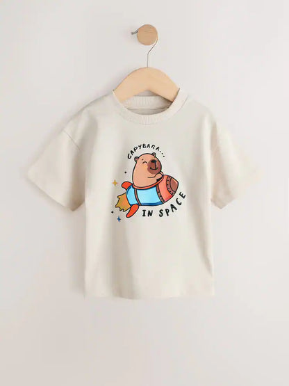 |Boy| Camiseta Creme De Manga Curta Com Estampa (3 meses a 7 anos)