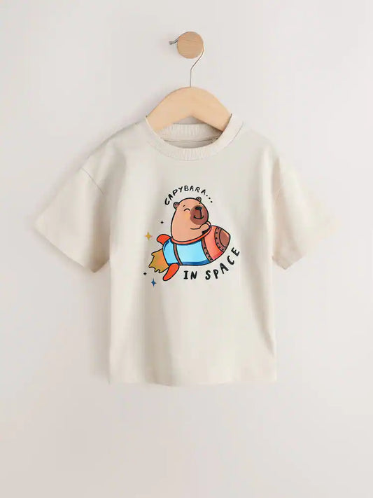 |Boy| Camiseta Creme De Manga Curta Com Estampa (3 meses a 7 anos)