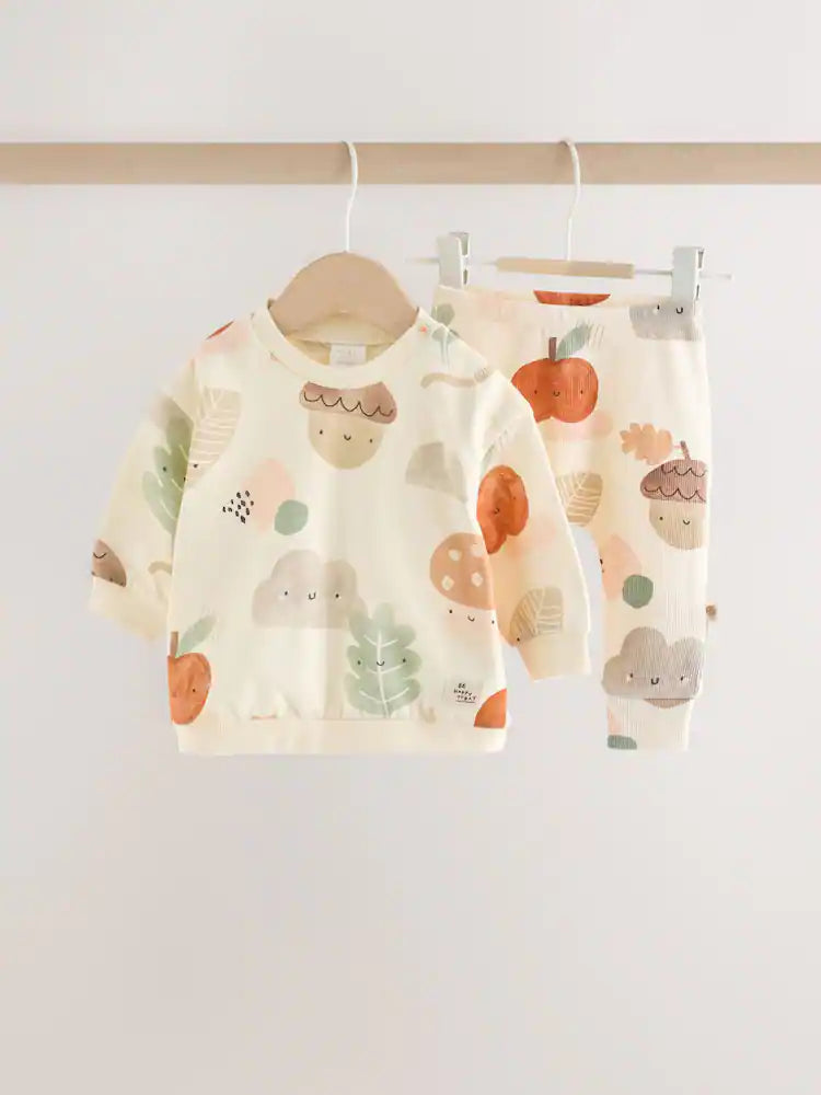 |BabyGirl| Conjunto de Moletom e Legging para Bebê com Estampa Outonal em Tons Neutros (0 meses a 2 anos)