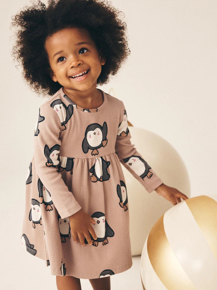 |Girl| Vestido Canelado Neutro de Manga Longa com Estampa de Pinguim (3 meses a 7 anos)