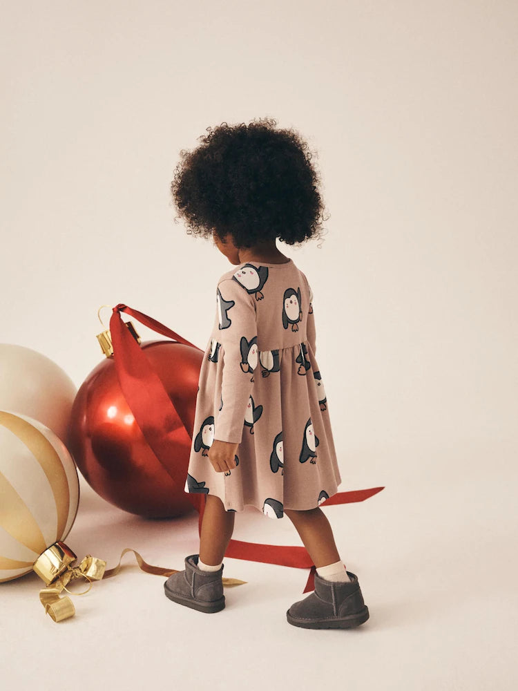 |Girl| Vestido Canelado Neutro de Manga Longa com Estampa de Pinguim (3 meses a 7 anos)