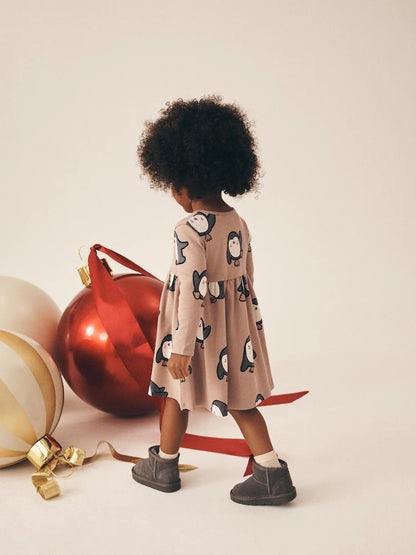 |Girl| Vestido Canelado Neutro de Manga Longa com Estampa de Pinguim (3 meses a 7 anos)