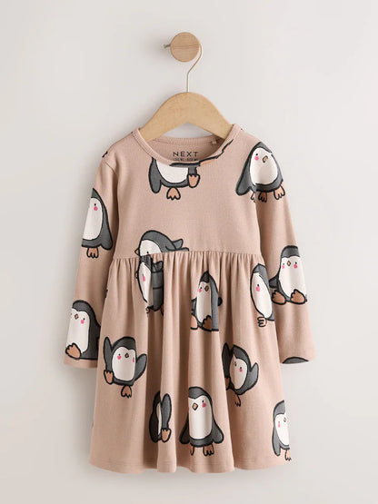 |Girl| Vestido Canelado Neutro de Manga Longa com Estampa de Pinguim (3 meses a 7 anos)
