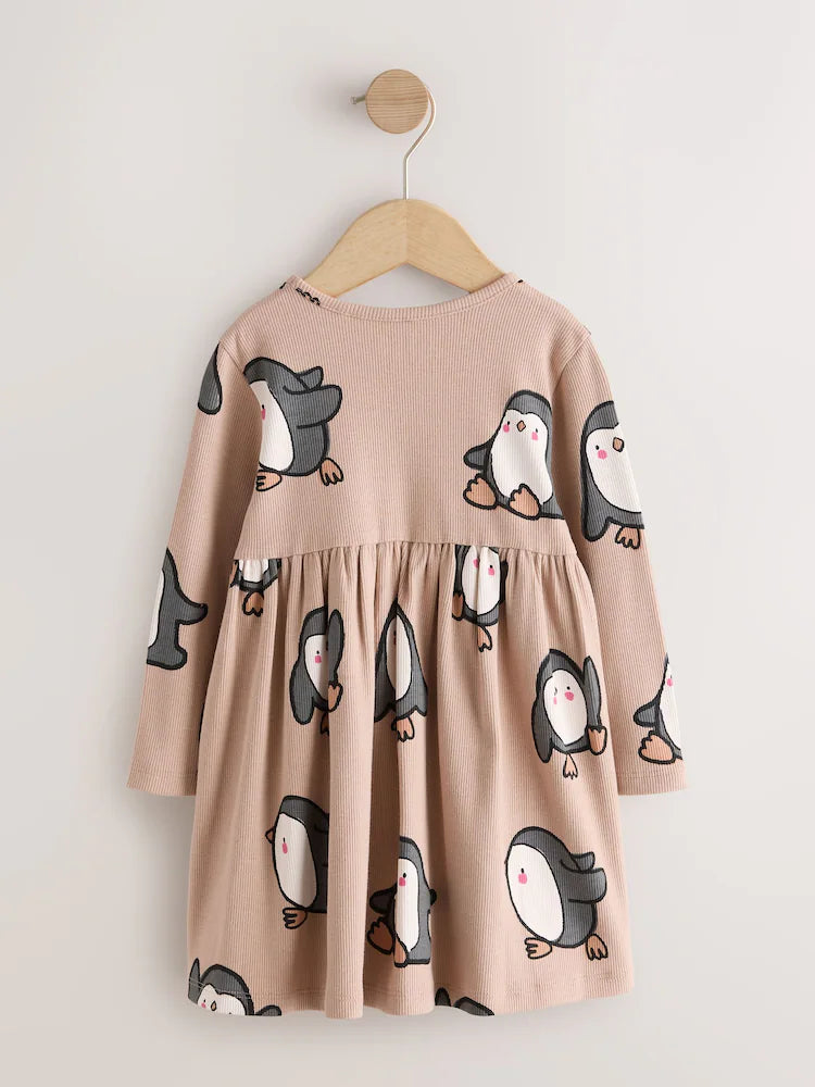 |Girl| Vestido Canelado Neutro de Manga Longa com Estampa de Pinguim (3 meses a 7 anos)
