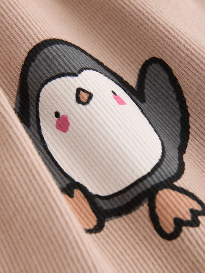 |Girl| Vestido Canelado Neutro de Manga Longa com Estampa de Pinguim (3 meses a 7 anos)