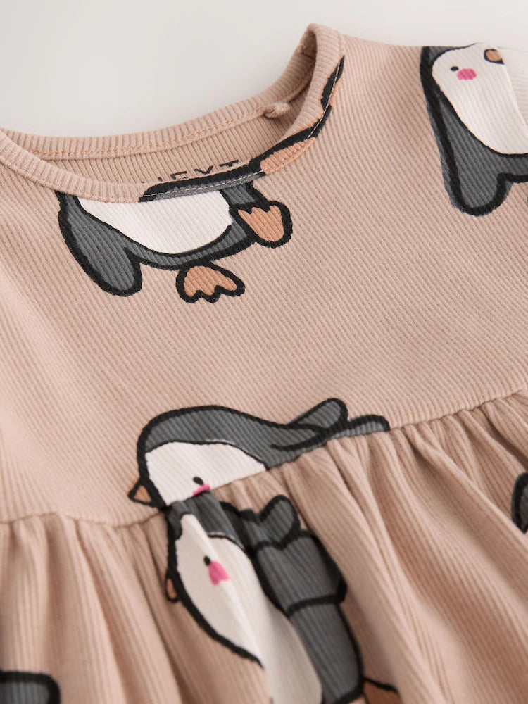 |Girl| Vestido Canelado Neutro de Manga Longa com Estampa de Pinguim (3 meses a 7 anos)