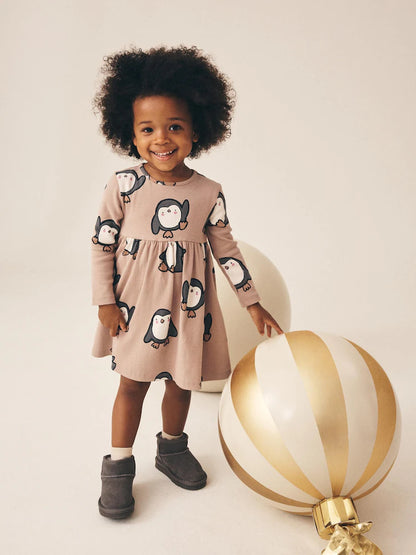 |Girl| Vestido Canelado Neutro de Manga Longa com Estampa de Pinguim (3 meses a 7 anos)