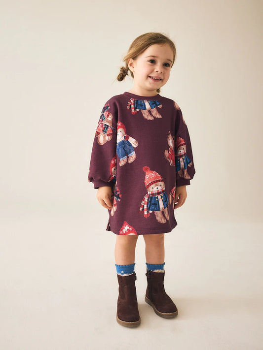|Girl| Vestido Moletom Manga Longa Vermelho-Bordô com Estampa de Urso (3 meses a 7 anos)