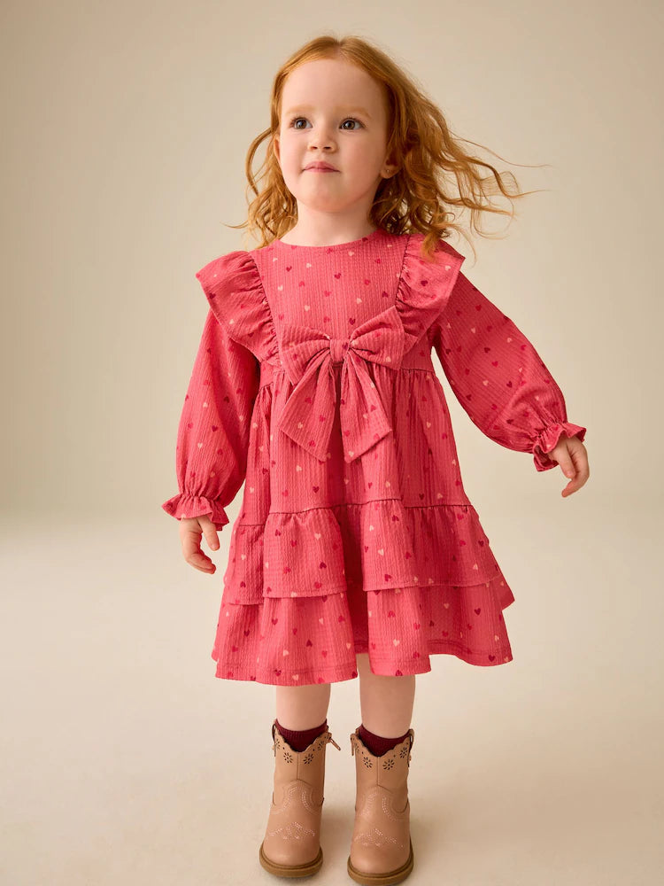 |Girl| Vestido de Manga Longa com Babados e Estampa de Corações Rosa (3 meses a 7 anos)