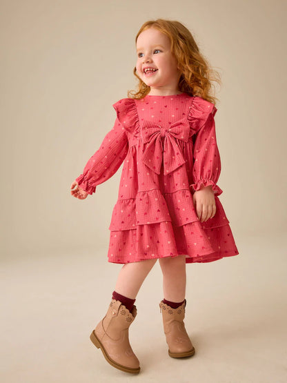|Girl| Vestido de Manga Longa com Babados e Estampa de Corações Rosa (3 meses a 7 anos)