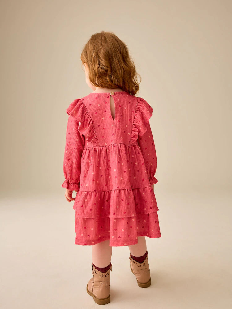 |Girl| Vestido de Manga Longa com Babados e Estampa de Corações Rosa (3 meses a 7 anos)