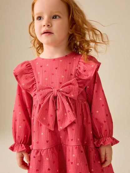 |Girl| Vestido de Manga Longa com Babados e Estampa de Corações Rosa (3 meses a 7 anos)