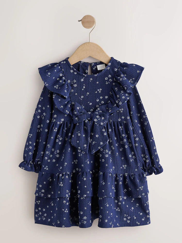|Girl| Vestido Azul-Marinho de Manga Longa com Babados (3 meses a 7 anos)